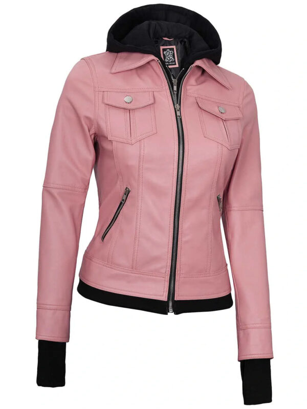 Women's Pink Hooded Leather Motorcycle Jacket - Image 6