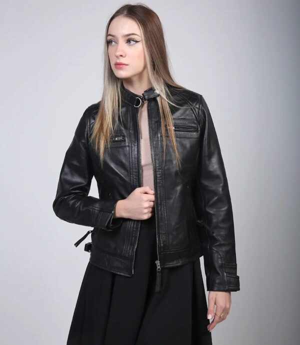 Johnson Women Black Cafe Racer Leather Jacket - Image 5