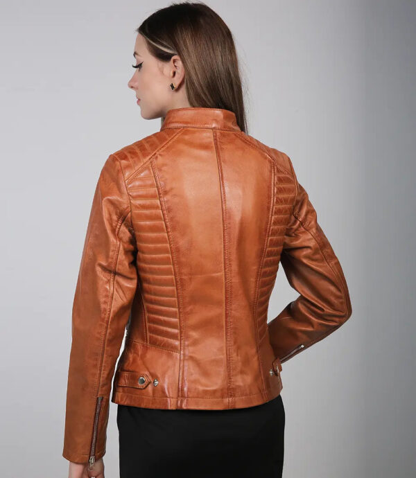 Rachel Womens Tan Cafe Racer Leather Jacket - Image 2