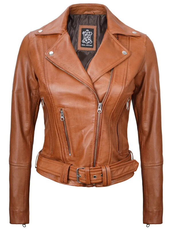 Elisa Womens Light Brown Asymmetrical Motorcycle Leather Jacket - Image 3