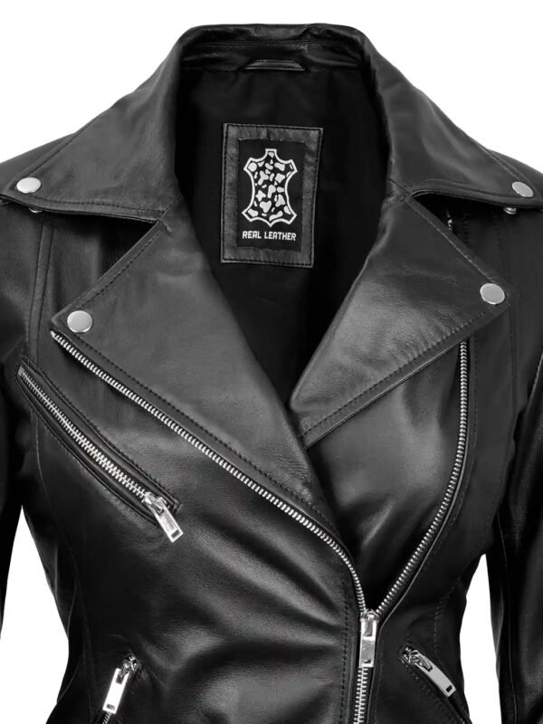 Ninfa Women's Black Asymmetrical Biker Leather Jacket - Image 5