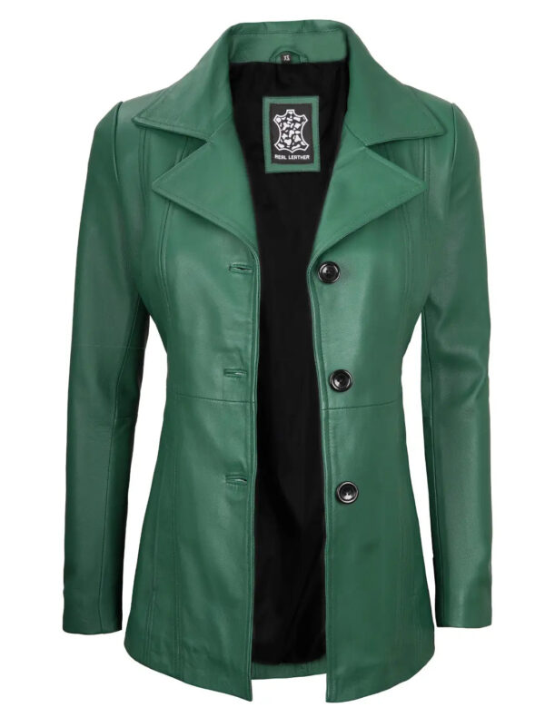 Women Green Real Leather Blazer - Image 5