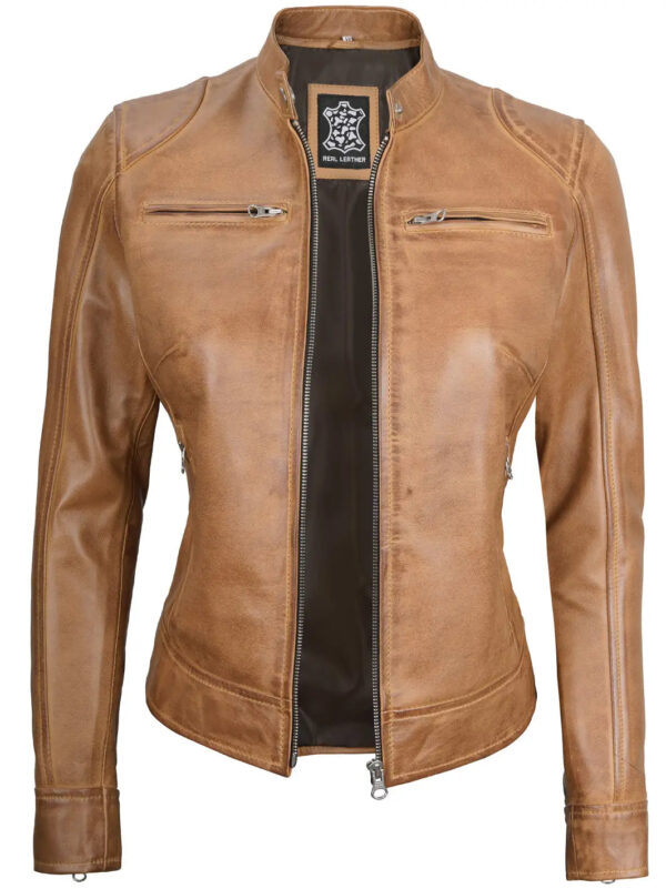 Dodge Camel Brown Cafe Racer Leather Jacket - Image 3