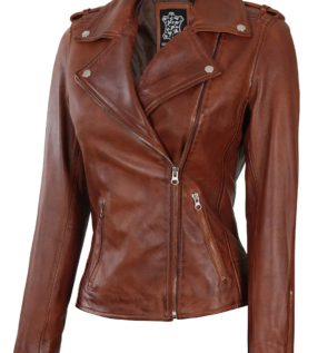 Womencognacbikerleatherjacket
