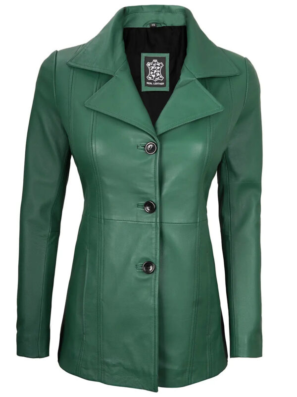 Women Green Real Leather Blazer - Image 3