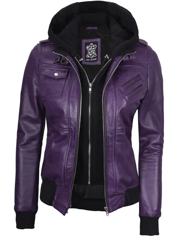 Edinburgh Purple Hooded Leather Bomber Jacket - Image 6