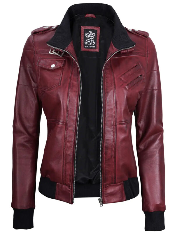 Edinburgh Maroon Leather Bomber Jacket With Hood - Image 5