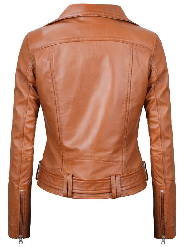 Elisa Womens Light Brown Asymmetrical Motorcycle Leather Jacket - Image 2
