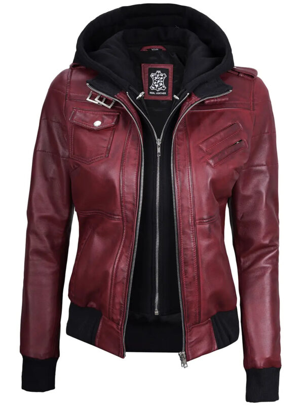 Edinburgh Maroon Leather Bomber Jacket With Hood - Image 6