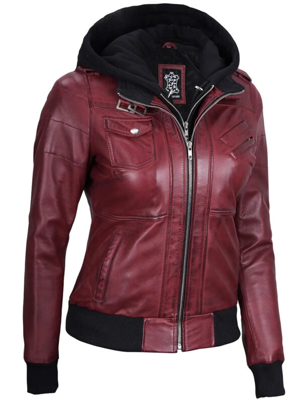 Edinburgh Maroon Leather Bomber Jacket With Hood - Image 7