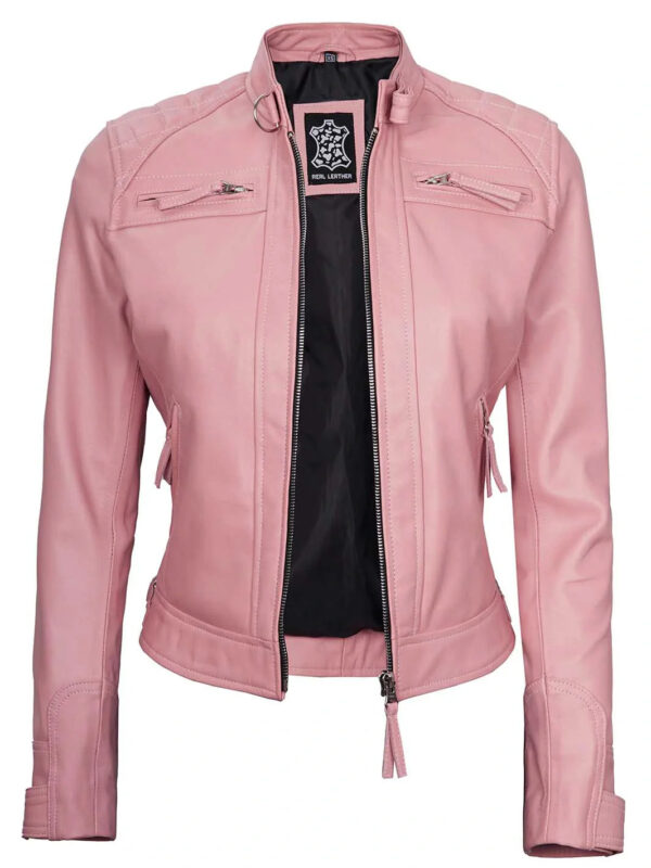 Johnson Women Pink Quilted Cafe Racer Leather Jacket - Image 4