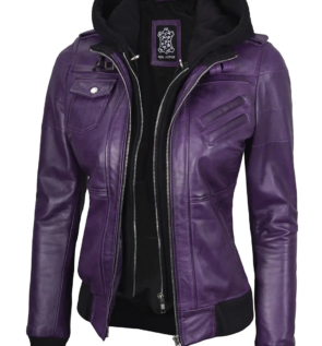 Womenpurplehoodedleatherjacket