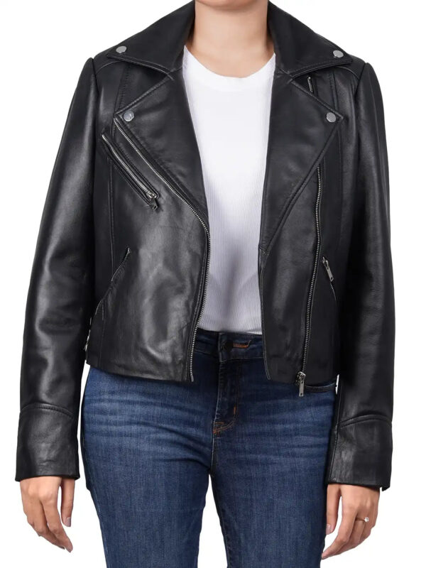 Ninfa Relax Fit Black Biker Leather Jacket - Image 3