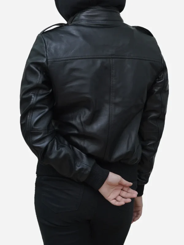 Womens Black Bomber Leather Jacket - Image 8