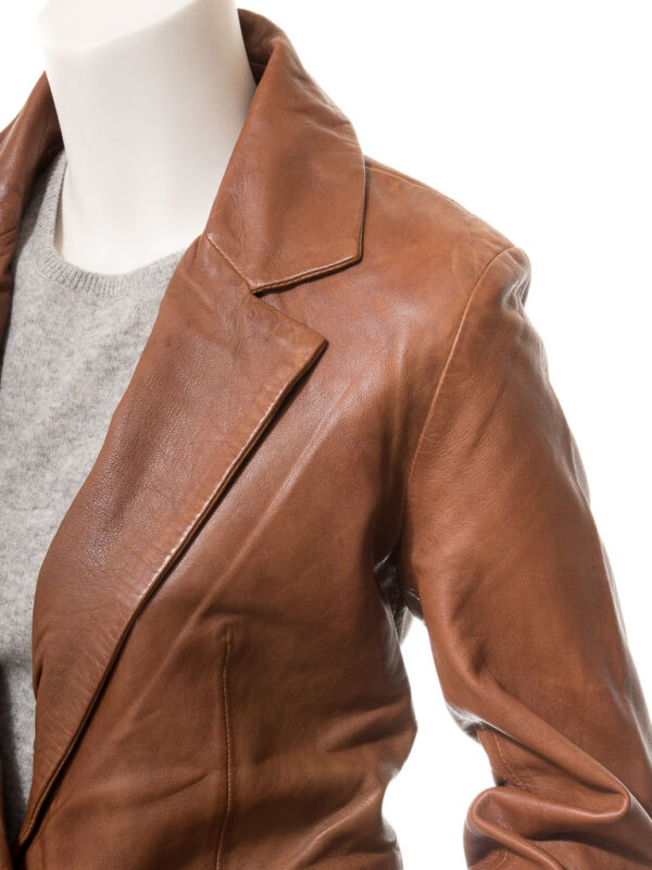 Women’s Brown Leather Blazer Two Button Coat - Image 4