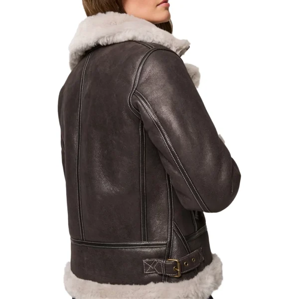Women’s Dark Brown Leather Shearling Coat Aviator Jacket - Image 2