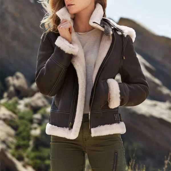 Women’s Dark Brown Leather Shearling Coat Aviator Jacket - Image 5