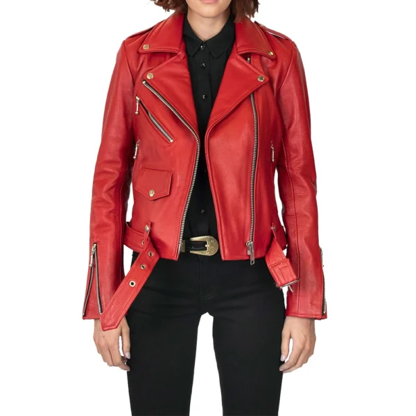 Maria Red Leather Moto Jacket - Image 2