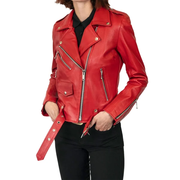 Maria Red Leather Moto Jacket - Image 4