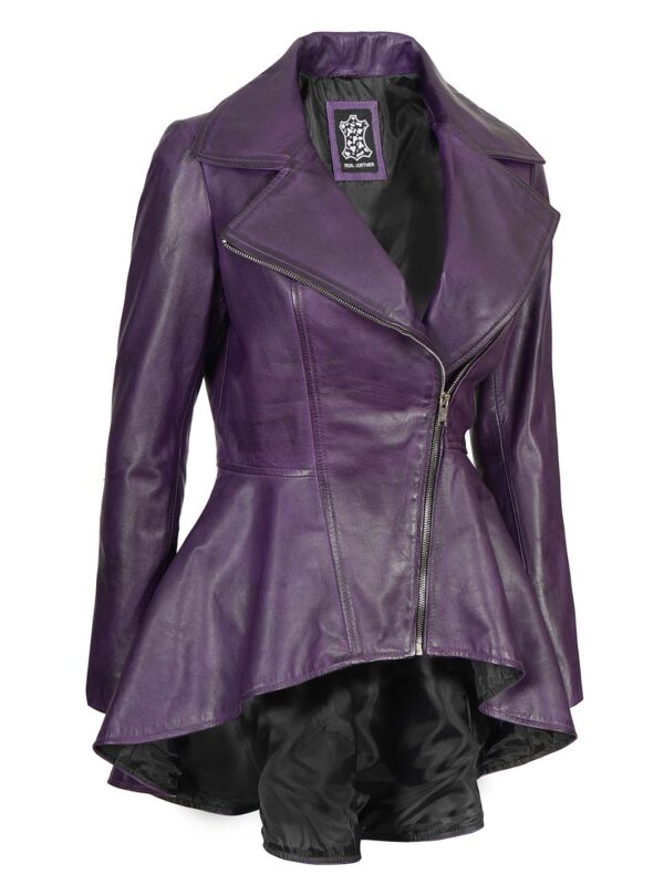 Womens Asymmetrical Peplum Purple Leather Jacket - Image 4