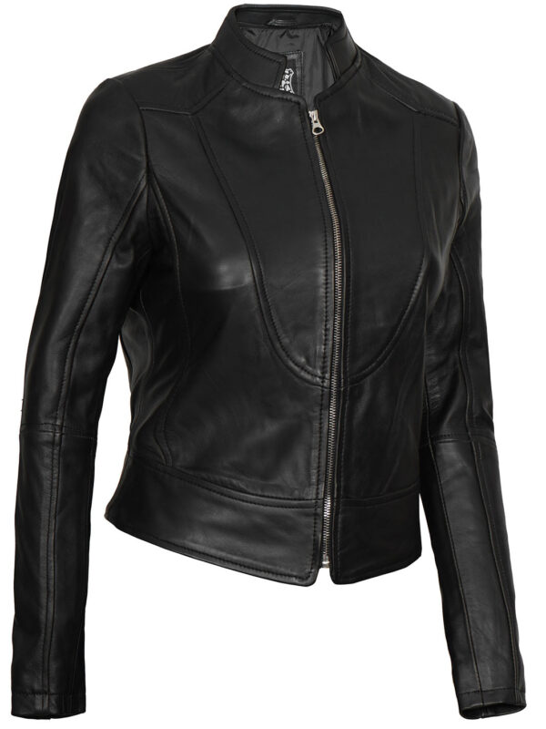 Amy Womens Black Cafe Racer Leather Jacket - Image 4