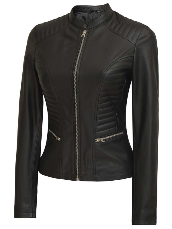 Rachel Womens Petite Black Cafe Racer Leather Jacket - Image 5