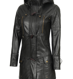 WomensBlackHoodLeatherCoat