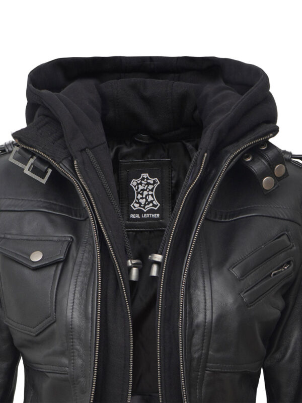 Edinburgh Petite Womens Black Hooded Leather Jacket - Image 6