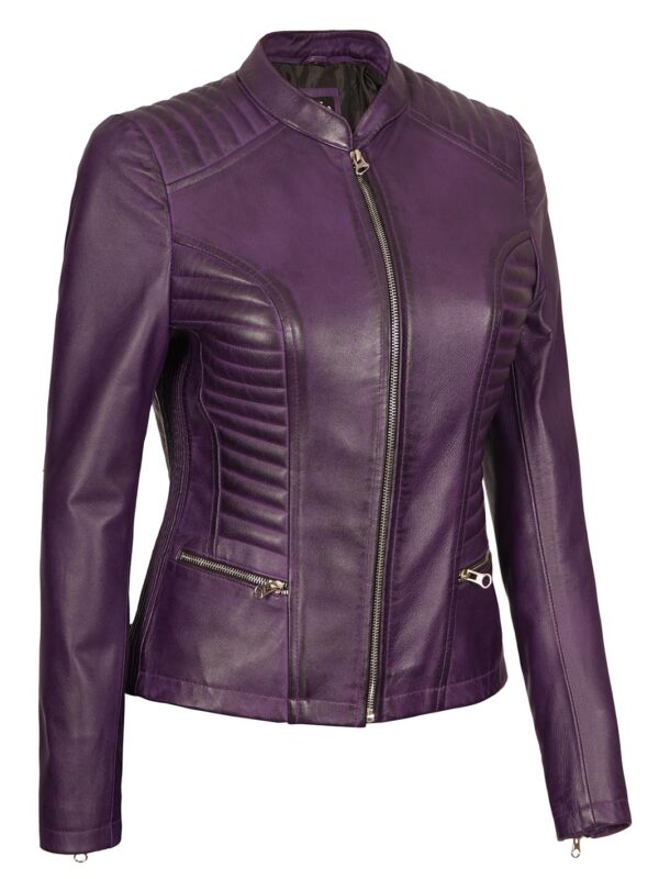 Rachel Womens Biker Purple Leather Jacket - Image 5