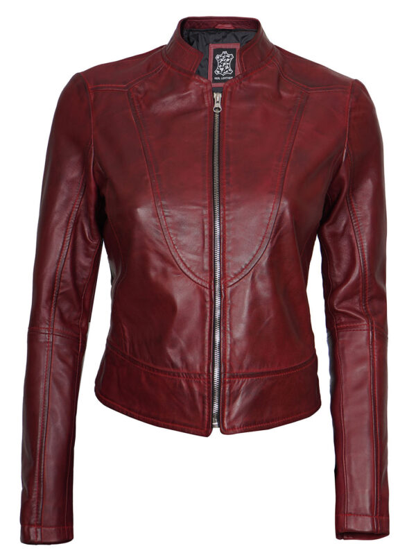 Amy Womens Maroon Cafe Racer Leather Jacket - Image 3