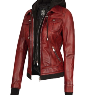 WomensMaroonBikerRealLambskinCafeRacerLeatherJacket