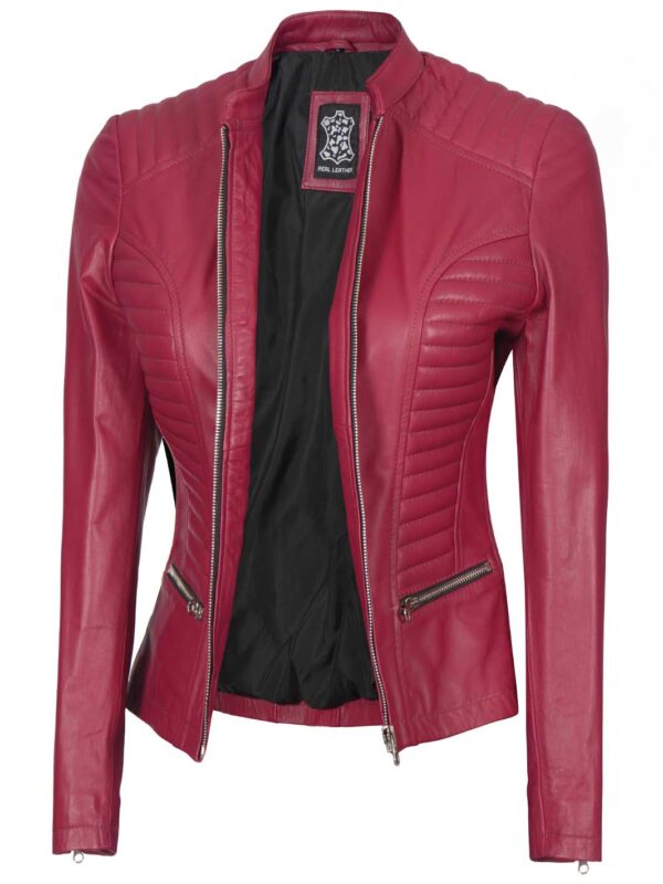 Rachel Women's Pink Cafe Racer Leather Jacket - Image 7