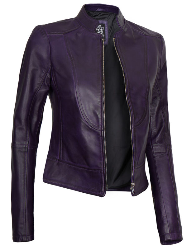 Amy Womens Cafe Racer Fitted Purple Leather Jacket - Image 5