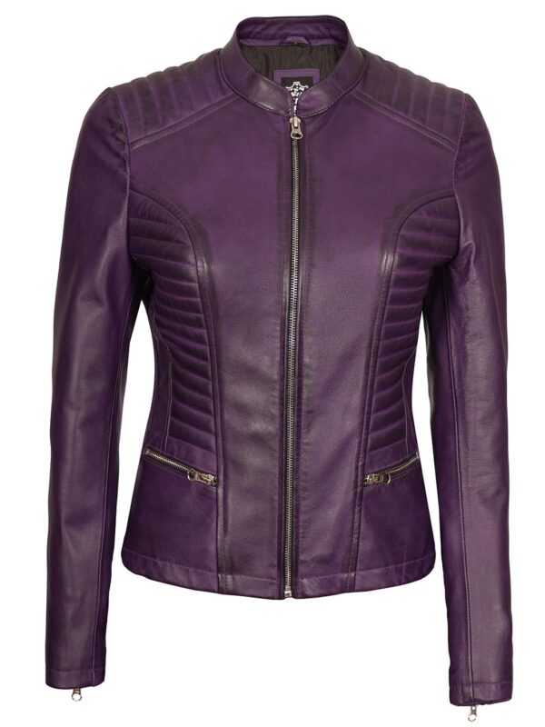 Rachel Womens Biker Purple Leather Jacket - Image 3