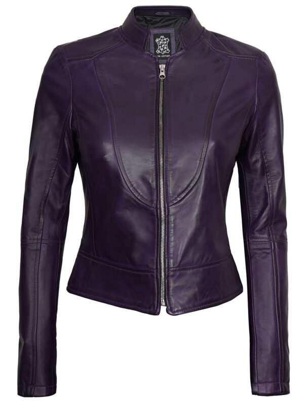 Amy Womens Cafe Racer Fitted Purple Leather Jacket - Image 6