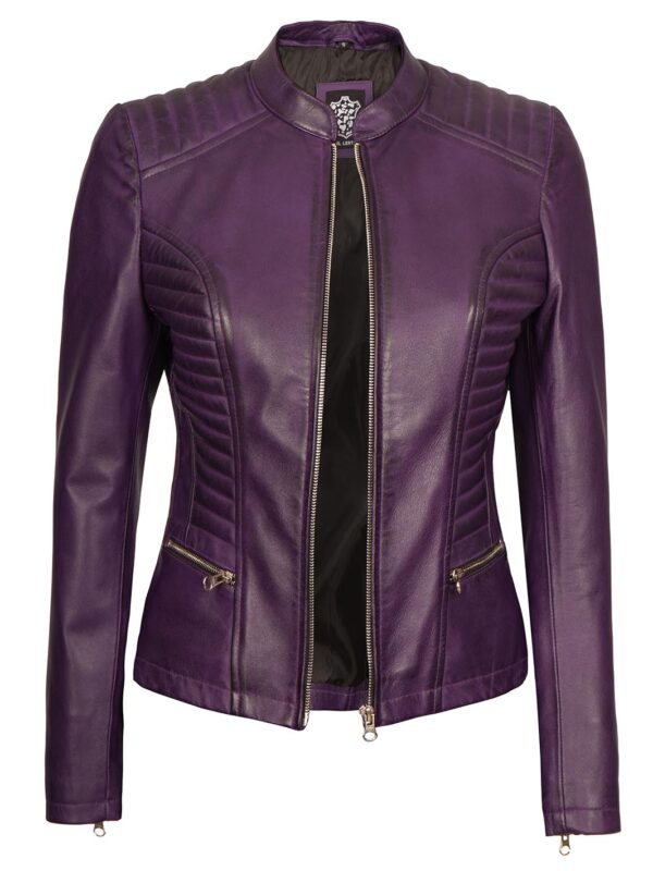 Rachel Womens Biker Purple Leather Jacket - Image 4