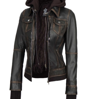 WomensRubOffBrownRemovableHoodedBikerLeatherJacket
