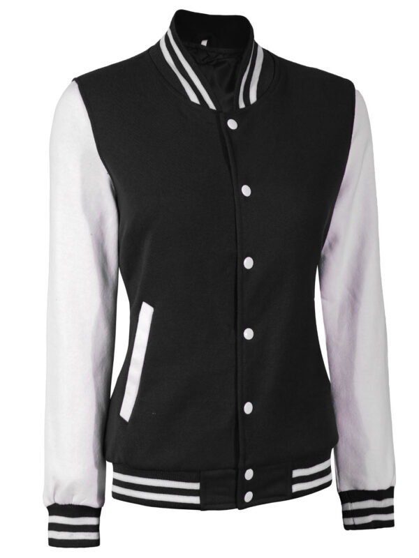 Women's White & Black Plain Varsity Jacket - Image 6