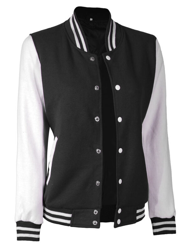 Women's White & Black Plain Varsity Jacket - Image 4
