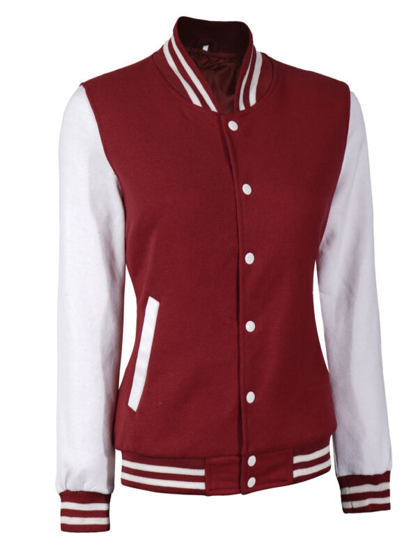 Women's White & Maroon Plain Lettermen Jacket - Image 6