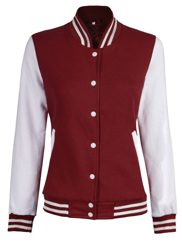 Women's White & Maroon Plain Lettermen Jacket - Image 3