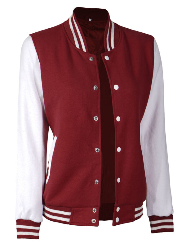 Women's White & Maroon Plain Lettermen Jacket - Image 4