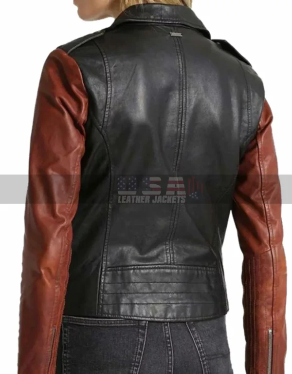 Ladies Slim Fit Biker Two Tone Asymmetrical Motorcycle Leather Jacket - Image 3