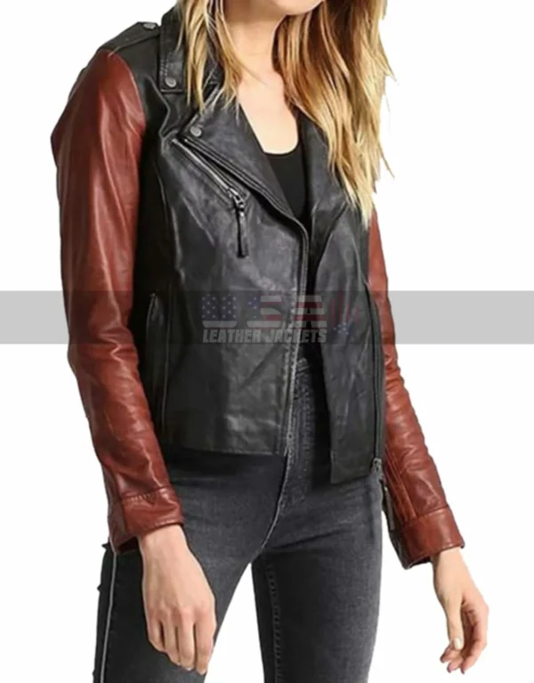 Ladies Slim Fit Biker Two Tone Asymmetrical Motorcycle Leather Jacket - Image 2