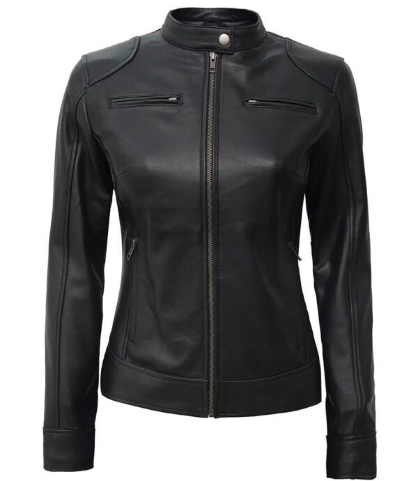 Dodge Women's Black Lambskin Leather Motorcycle Jacket - Image 4