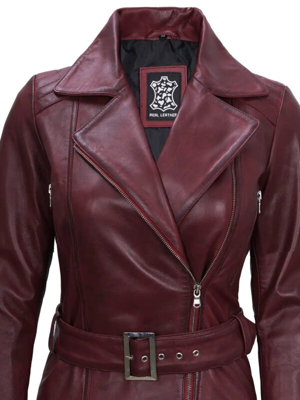 Women's Maroon Asymmetrical Biker Leather Jacket - Image 5