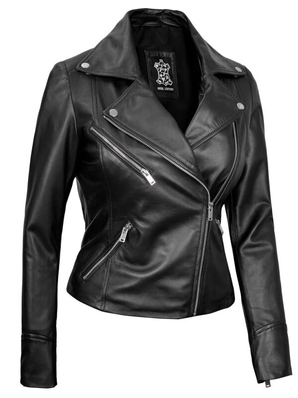 Ninfa Women's Black Asymmetrical Biker Leather Jacket - Image 4