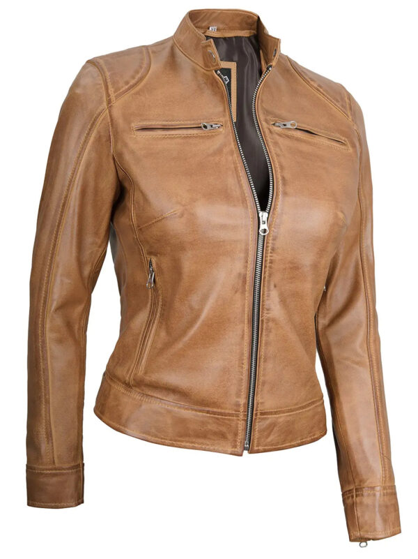 Dodge Camel Brown Cafe Racer Leather Jacket - Image 5