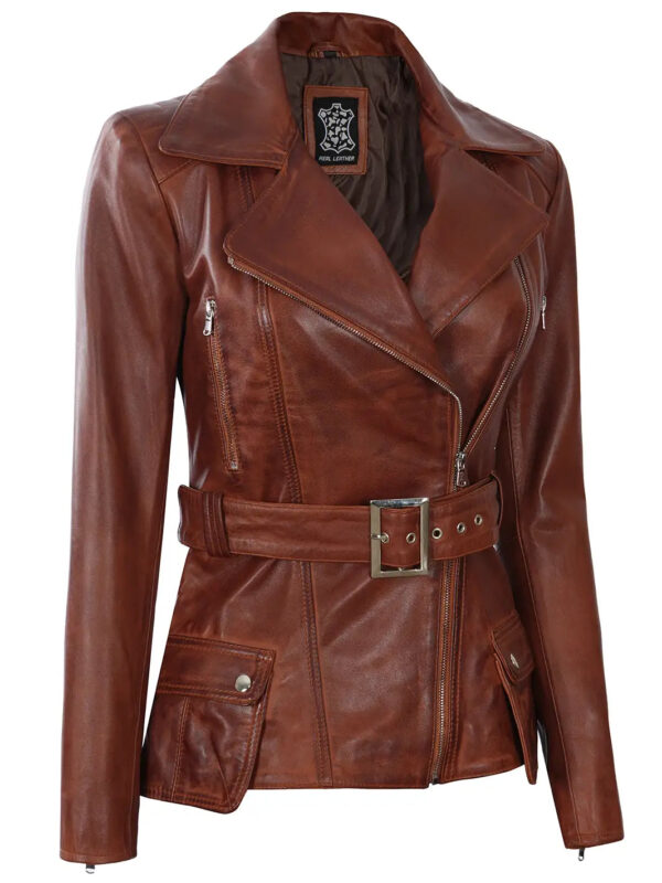 Cognac Wax Women Leather Biker Jacket - Image 4