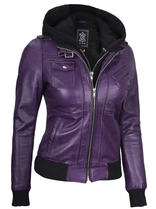 Edinburgh Purple Hooded Leather Bomber Jacket - Image 7